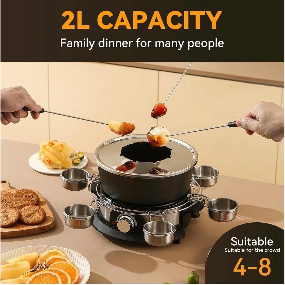 Gadamerlum Electric Fondue Pot Set 2L 1300W Black Cheese Chocolate 8 Forks Party